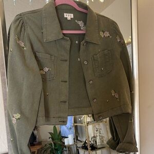 POL Green Floral Embroidered Jean Jacket